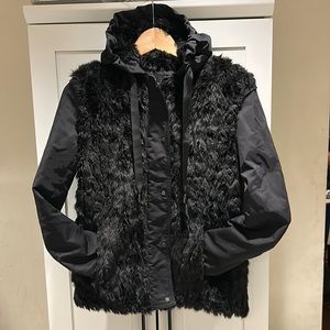 Zara black faux leather drawstring hooded mixed media coat jacket size xs